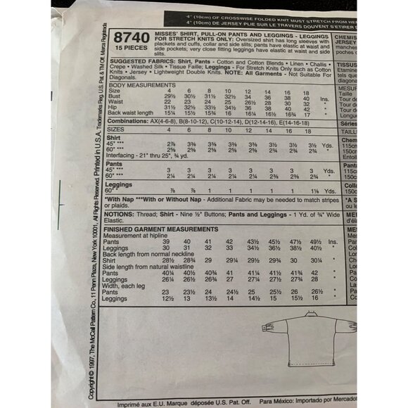 McCall's Misses Shirt Pants Leggings Sewing Pattern Sz 8 - 12 8740 - Uncut - Picture 7 of 9